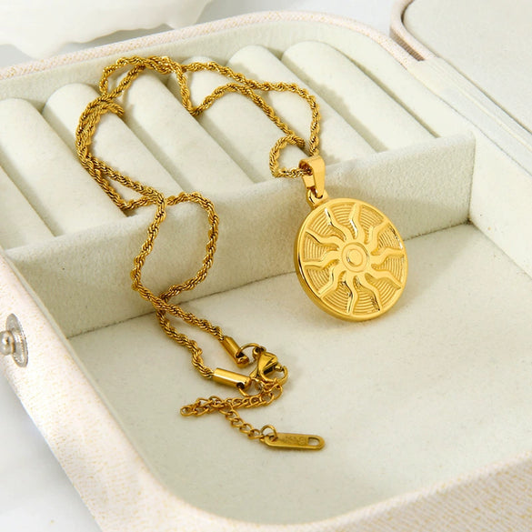 Wholesale Geometric Round Sunflower Totem Pendant Stainless Steel And Titanium Steel Necklace With Twist Chain Plated With 18K Gold For Women