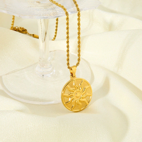 Wholesale Geometric Round Sunflower Totem Pendant Stainless Steel And Titanium Steel Necklace With Twist Chain Plated With 18K Gold For Women