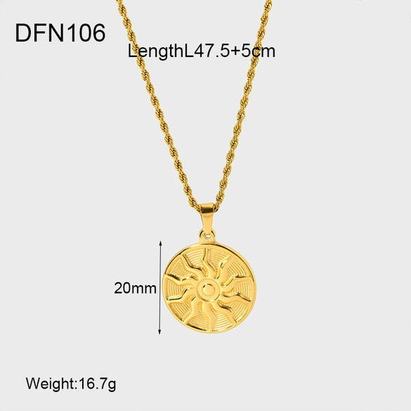 Wholesale Geometric Round Sunflower Totem Pendant Stainless Steel And Titanium Steel Necklace With Twist Chain Plated With 18K Gold For Women