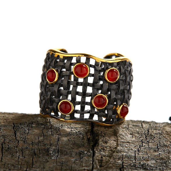 Wholesale Geometric S925 Sterling Silver Natural Agate Gem Inlaid Ring