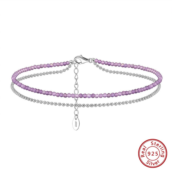 Wholesale Geometric S925 Sterling Silver Women's Double Layer Overlapping Anklet With Natural Purple Spinel