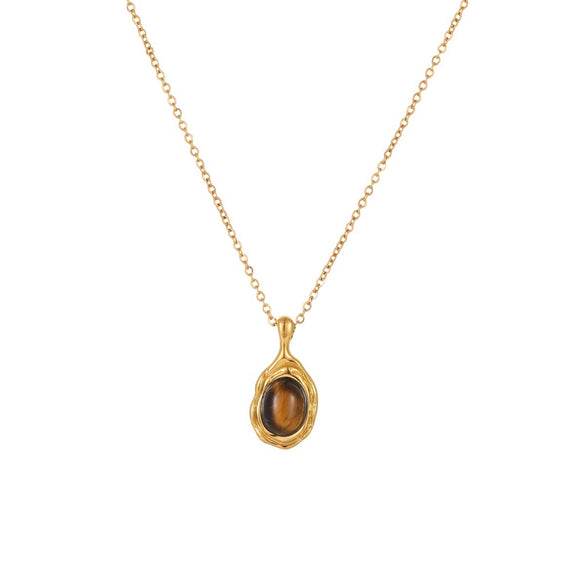 Wholesale Geometric Shaped Stainless Steel And 18K Gold Electroplated Inlaid Tiger Eye Stone And Amethyst Necklace For Women