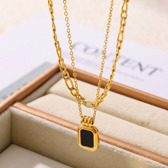 Wholesale Geometric Square Acrylic And Titanium Steel Doublelayer Stacked Pendant Necklace For Women With Electroplating