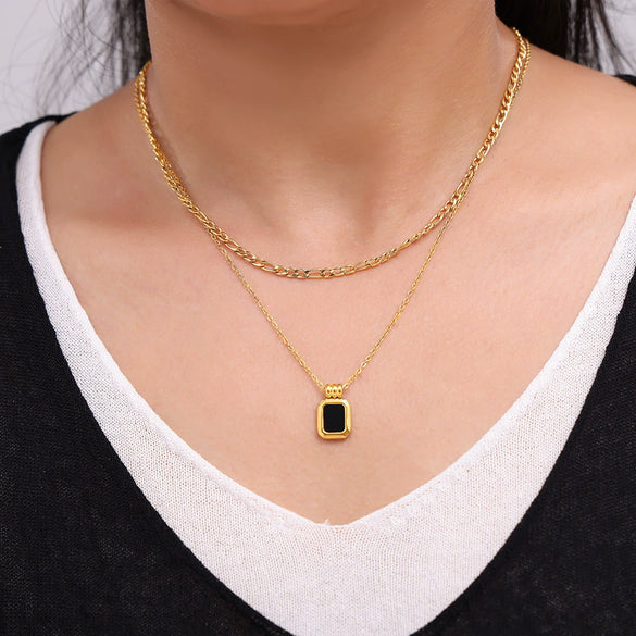 Wholesale Geometric Square Acrylic And Titanium Steel Doublelayer Stacked Pendant Necklace For Women With Electroplating