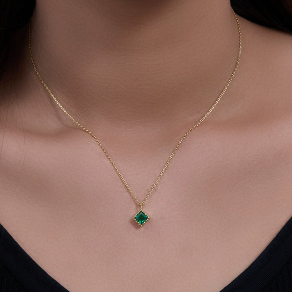 Wholesale Geometric Square Emerald Zircon Pendant Sterling Silver Necklace Set With Diamonds For Women