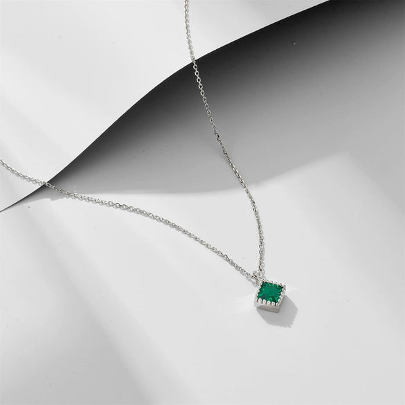 Wholesale Geometric Square Emerald Zircon Pendant Sterling Silver Necklace Set With Diamonds For Women