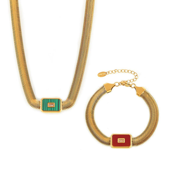 Wholesale Geometric Square Inlaid Colored Glass Stone Titanium Steel Bracelet Necklace With Electroplating Design