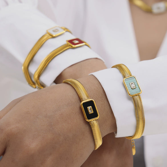 Wholesale Geometric Square Inlaid Colored Glass Stone Titanium Steel Bracelet Necklace With Electroplating Design
