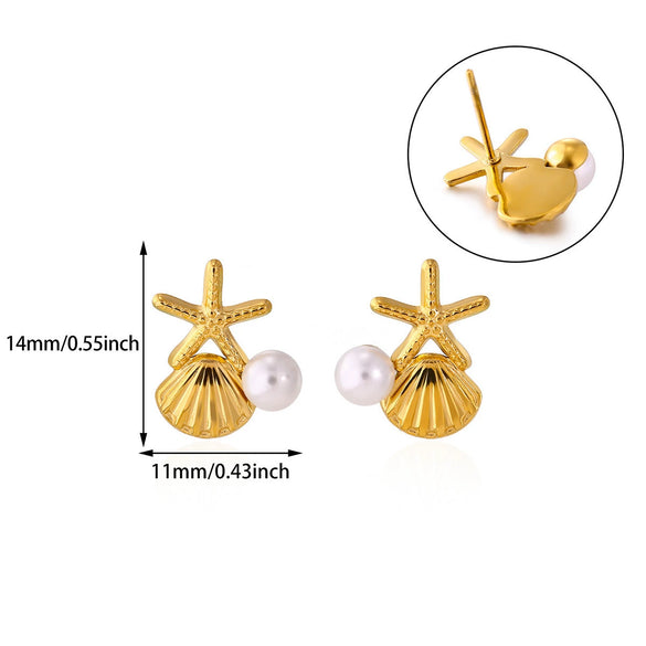Wholesale Geometric Stainless Steel And Gold Electroplated Unisex Starfish Shell Earrings With Imitation Pearl And Zircon