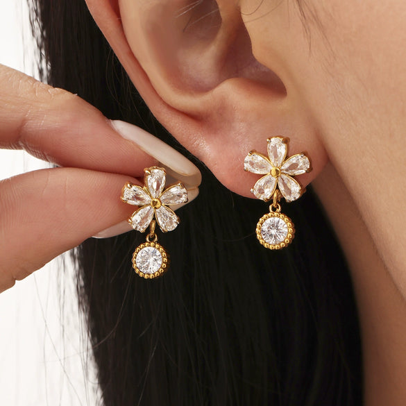 Wholesale Geometric Stainless Steel And Zircon Electroplated Five Leaf Flower Water Drop Ferris Wheel Earrings For Women