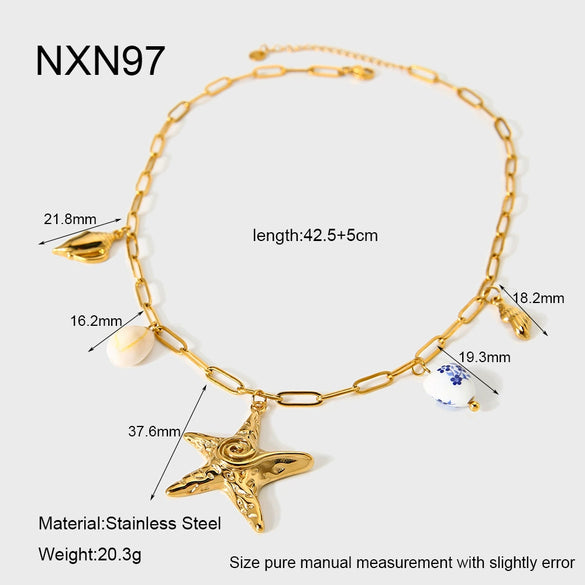 Wholesale Geometric Stainless Steel Conch And Starfish Pendant Cross Chain Necklace 18K Goldplated For Women