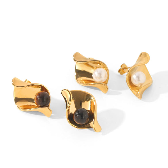 Wholesale Geometric Stainless Steel Electroplated Earrings For Women With Tiger's Eye Stone And Pearl Studs