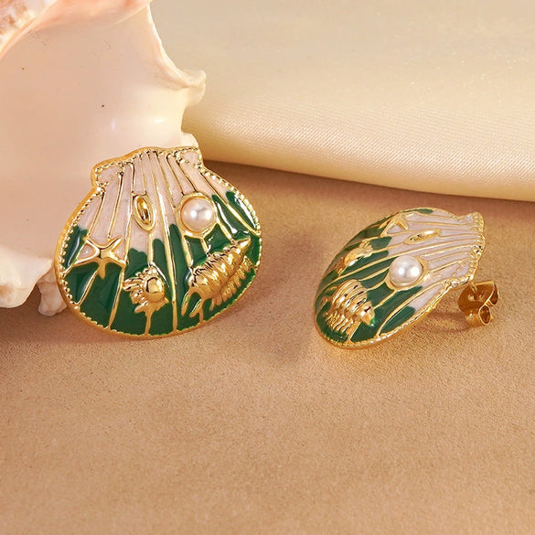 Wholesale Geometric Stainless Steel Electroplated Epoxy Shell Oil Drop Conch Starfish Earrings For Women