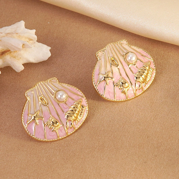 Wholesale Geometric Stainless Steel Electroplated Epoxy Shell Oil Drop Conch Starfish Earrings For Women
