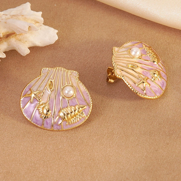 Wholesale Geometric Stainless Steel Electroplated Epoxy Shell Oil Drop Conch Starfish Earrings For Women