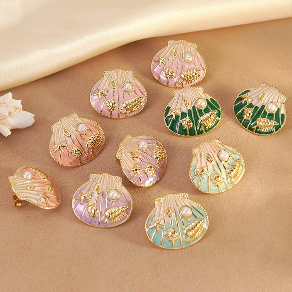 Wholesale Geometric Stainless Steel Electroplated Epoxy Shell Oil Drop Conch Starfish Earrings For Women