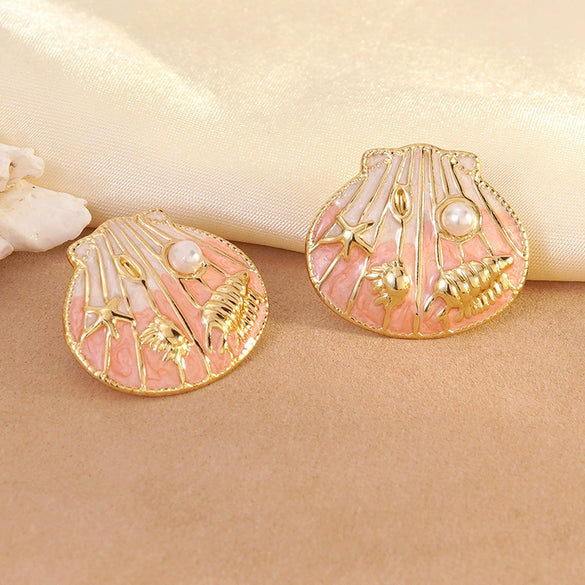 Wholesale Geometric Stainless Steel Electroplated Epoxy Shell Oil Drop Conch Starfish Earrings For Women