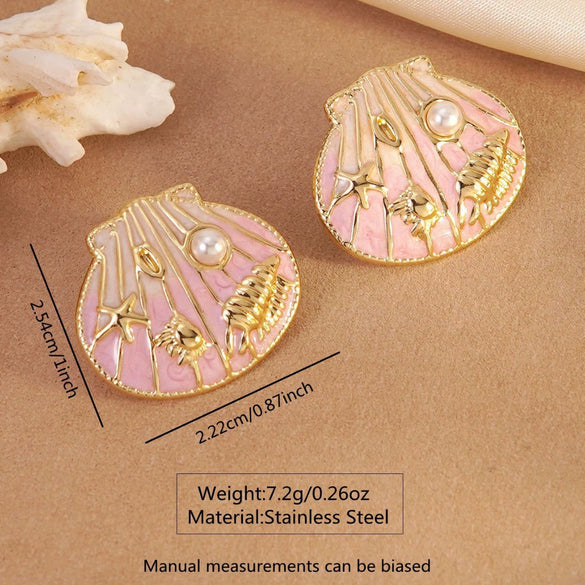 Wholesale Geometric Stainless Steel Electroplated Epoxy Shell Oil Drop Conch Starfish Earrings For Women