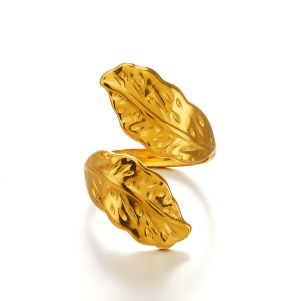 Wholesale Geometric Stainless Steel Electroplated Exaggerated Heavy Feather Opening Ring For Women