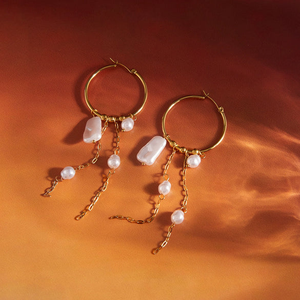 Wholesale Geometric Stainless Steel Electroplated Faux Pearl Tassel Hoop Earrings For Women