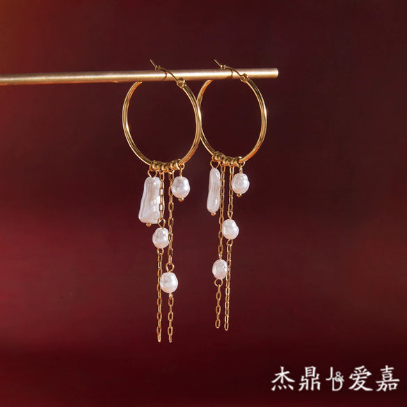 Wholesale Geometric Stainless Steel Electroplated Faux Pearl Tassel Hoop Earrings For Women