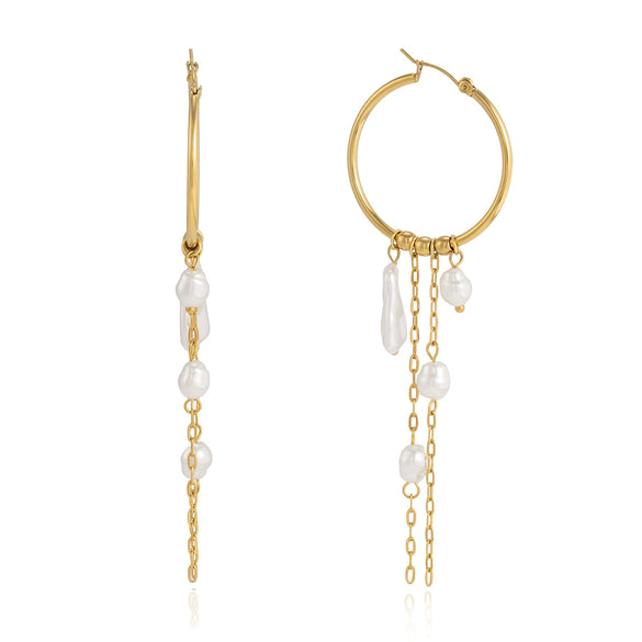 Wholesale Geometric Stainless Steel Electroplated Faux Pearl Tassel Hoop Earrings For Women