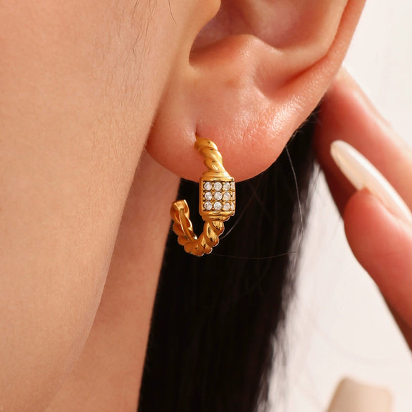 Wholesale Geometric Stainless Steel Electroplated Ferris Wheel Twist Cshaped Zircon Earrings For Women