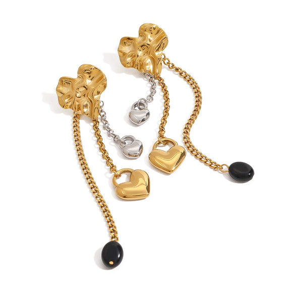 Wholesale Geometric Stainless Steel Electroplated Hammered Love Tassel Obsidian Earrings Jewelry In Gold And Silver Color Matching
