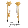 Wholesale Geometric Stainless Steel Electroplated Hammered Love Tassel Obsidian Earrings Jewelry In Gold And Silver Color Matching