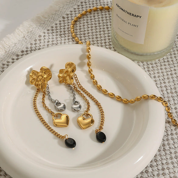 Wholesale Geometric Stainless Steel Electroplated Hammered Love Tassel Obsidian Earrings Jewelry In Gold And Silver Color Matching