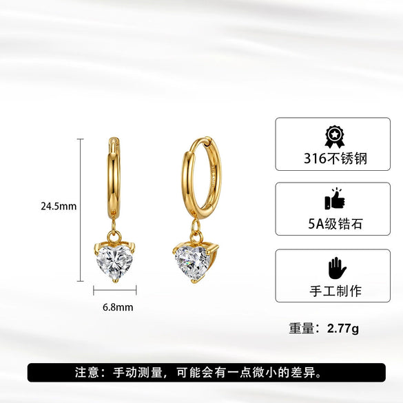 Wholesale Geometric Stainless Steel Electroplated Heartshaped Diamondencrusted Zircon Earrings Unisex Original Design Style