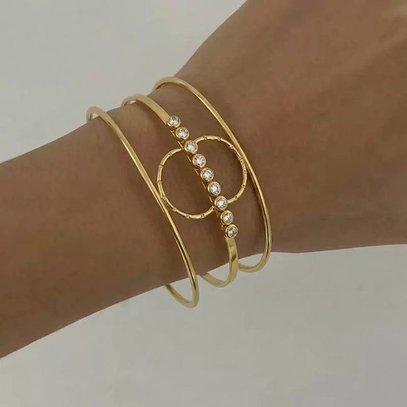Wholesale Geometric Stainless Steel Electroplated Hollow Open Bracelet With Lines Inlaid With Zircon