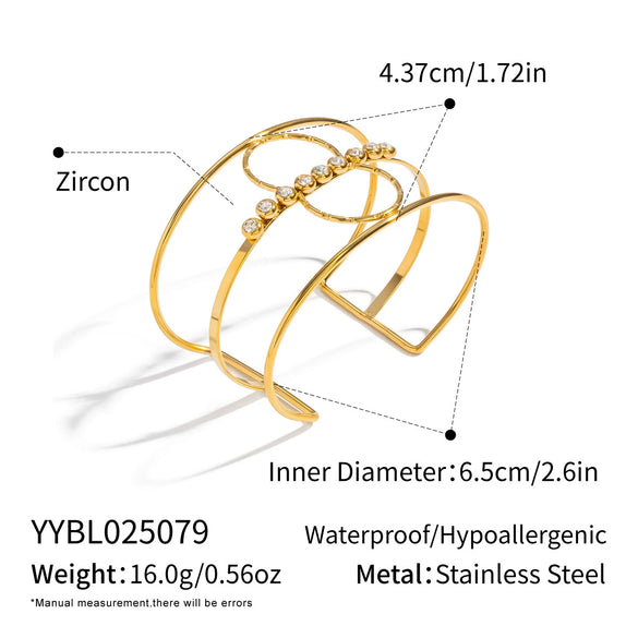 Wholesale Geometric Stainless Steel Electroplated Hollow Open Bracelet With Lines Inlaid With Zircon