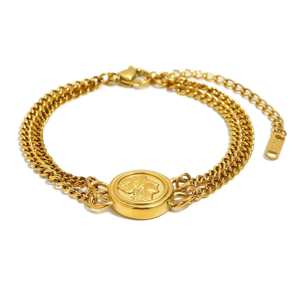 Wholesale Geometric Stainless Steel Electroplated 18K Gold Double Chain Queen Head Bracelet For Women