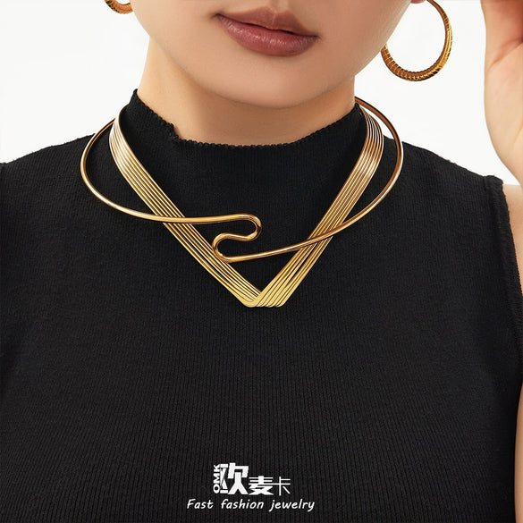 Wholesale Geometric Stainless Steel Electroplated 18K Gold Open Choker Necklace For Women