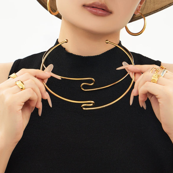 Wholesale Geometric Stainless Steel Electroplated 18K Gold Open Choker Necklace For Women