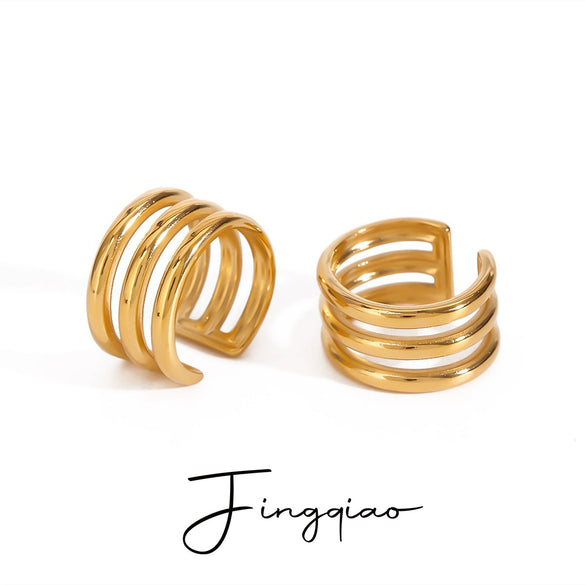 Wholesale Geometric Stainless Steel Electroplated Three Layer Hollow Ear Clip Earrings Jewelry Quiet Design High Grade