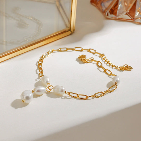 Wholesale Geometric Stainless Steel Freshwater Pearl Clip Chain Anklet Electroplated Trendy Women's Jewelry