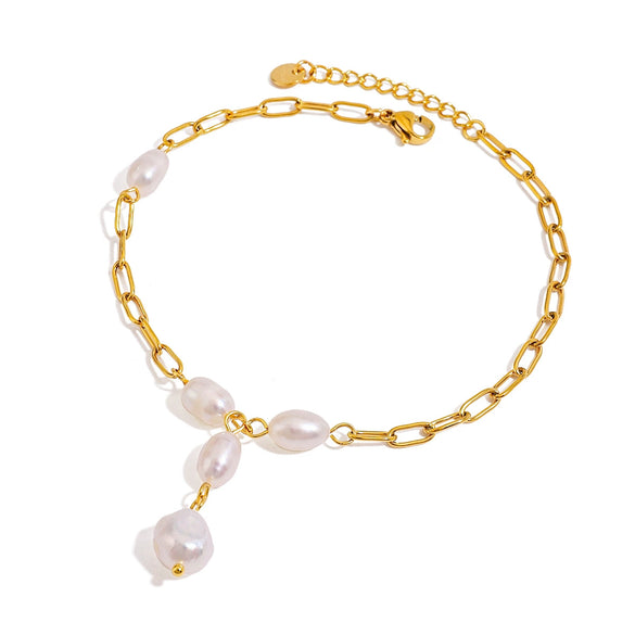 Wholesale Geometric Stainless Steel Freshwater Pearl Clip Chain Anklet Electroplated Trendy Women's Jewelry