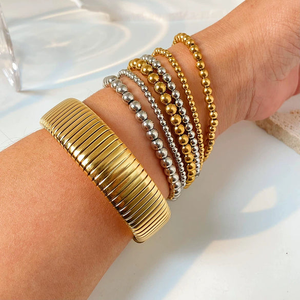 Wholesale Geometric Stainless Steel 18K Gold Beads Elastic Electroplated Bracelet Jewelry