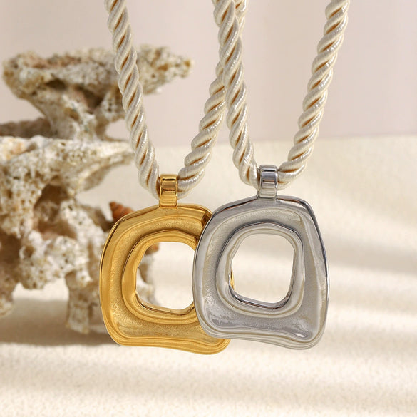 Wholesale Geometric Stainless Steel 18K Gold Plated Braided Rope Square Cut Out Pendant Necklace For Women