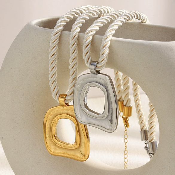 Wholesale Geometric Stainless Steel 18K Gold Plated Braided Rope Square Cut Out Pendant Necklace For Women