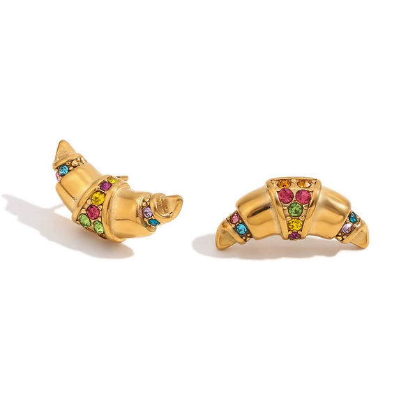 Wholesale Geometric Stainless Steel 18K Gold Plated Casting Microset Rhinestone Horn Earrings For Women