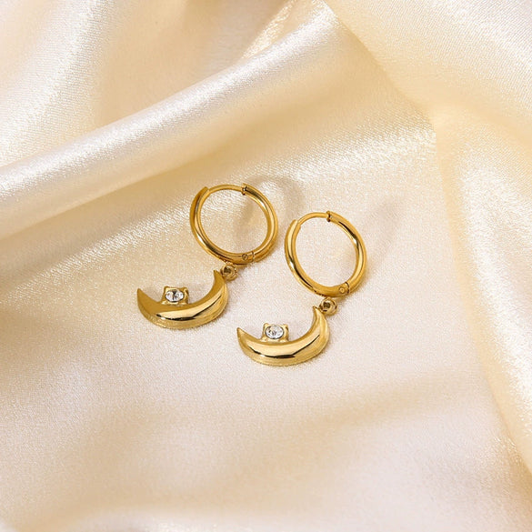 Wholesale Geometric Stainless Steel 14K Gold Plated Eye And Moon Pendant Hoop Earrings For Women