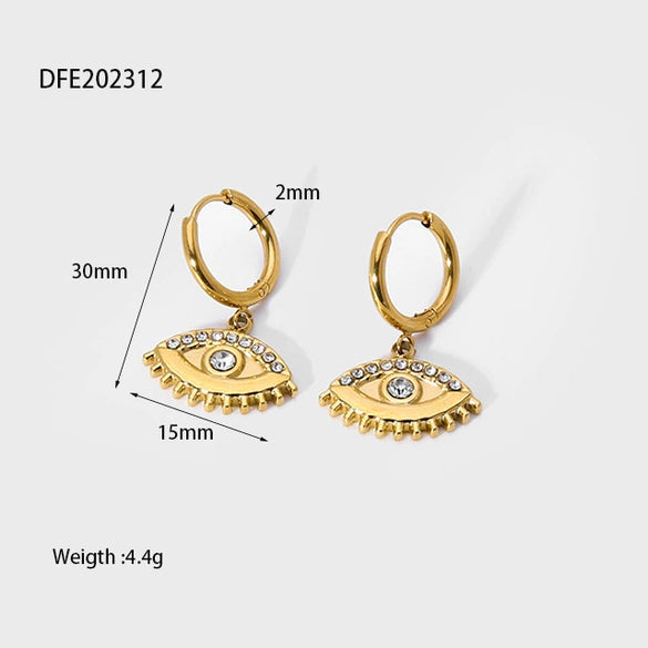 Wholesale Geometric Stainless Steel 14K Gold Plated Eye And Moon Pendant Hoop Earrings For Women
