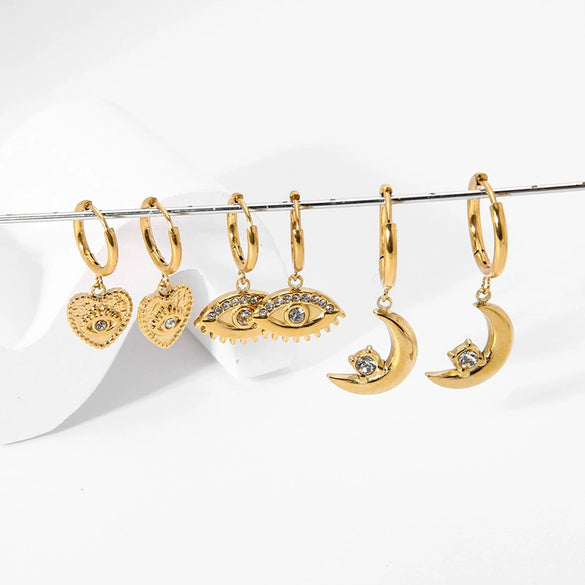 Wholesale Geometric Stainless Steel 14K Gold Plated Eye And Moon Pendant Hoop Earrings For Women