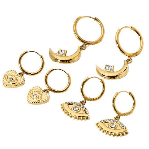Wholesale Geometric Stainless Steel 14K Gold Plated Eye And Moon Pendant Hoop Earrings For Women