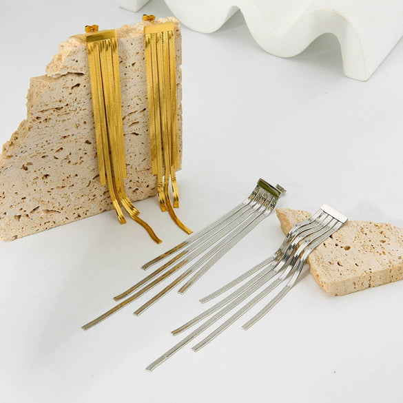 Wholesale Geometric Stainless Steel 18K Gold Plated Long Blade Chain Tassel Earrings For Women