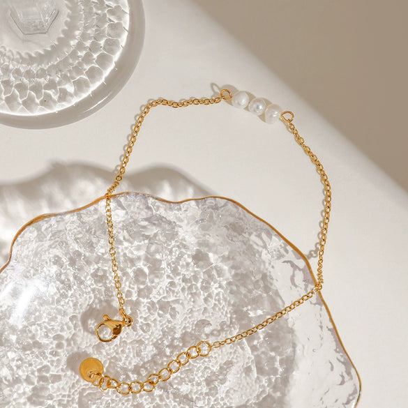 Wholesale Geometric Stainless Steel 18K Gold Plated Natural Freshwater Pearl Anklet Stylish And Quiet Design Minimalist Style