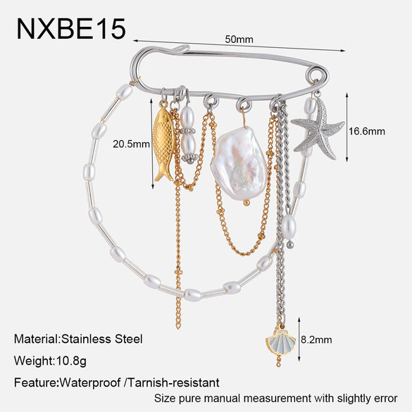 Wholesale Geometric Stainless Steel 18K Gold Plated Pearl Tassel Pendant Brooch Pin Unisex Clothing Accessories